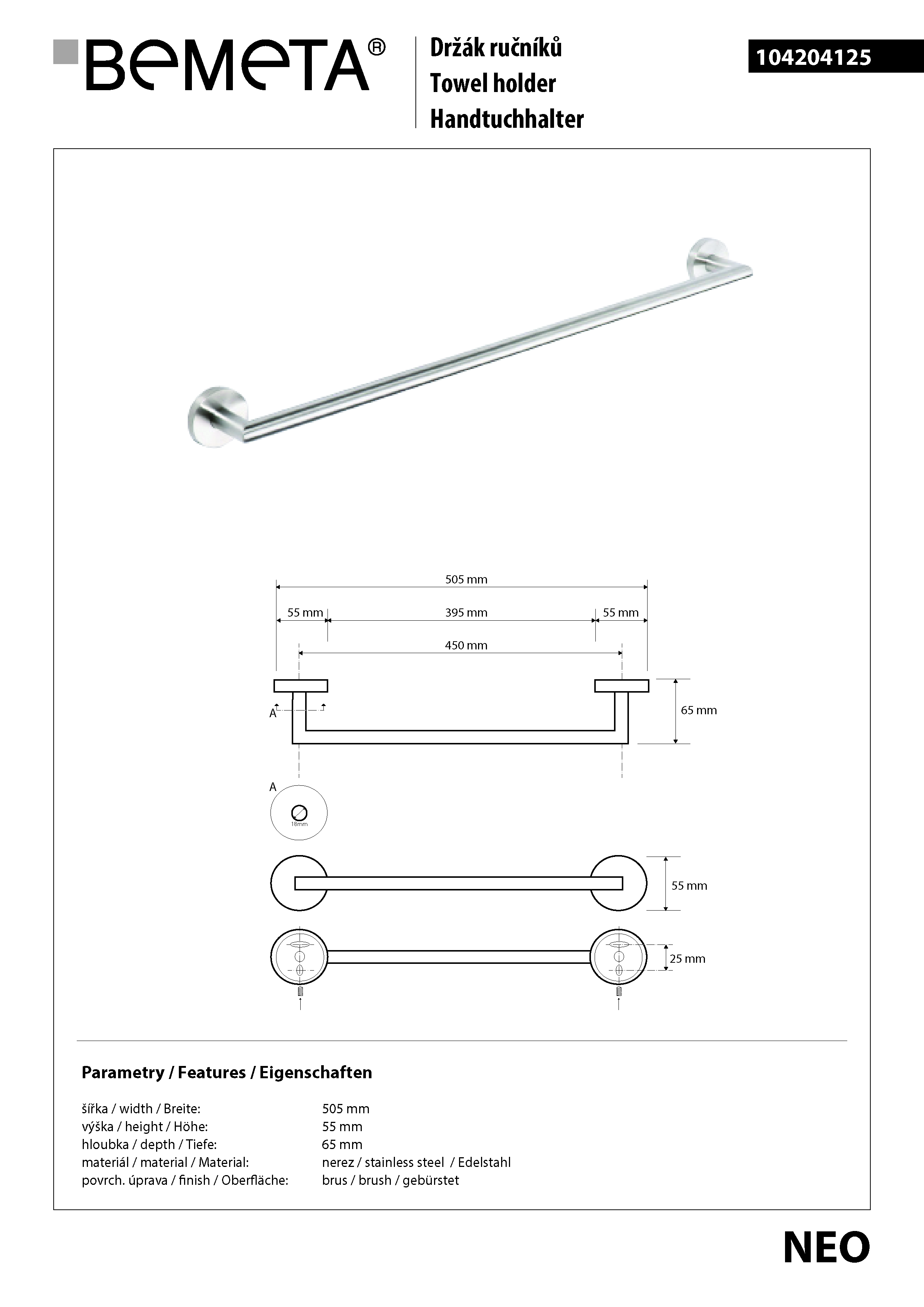 Bemeta Design NEO: Držák ručníků 450 mm - 104204125 - Obrázek 2