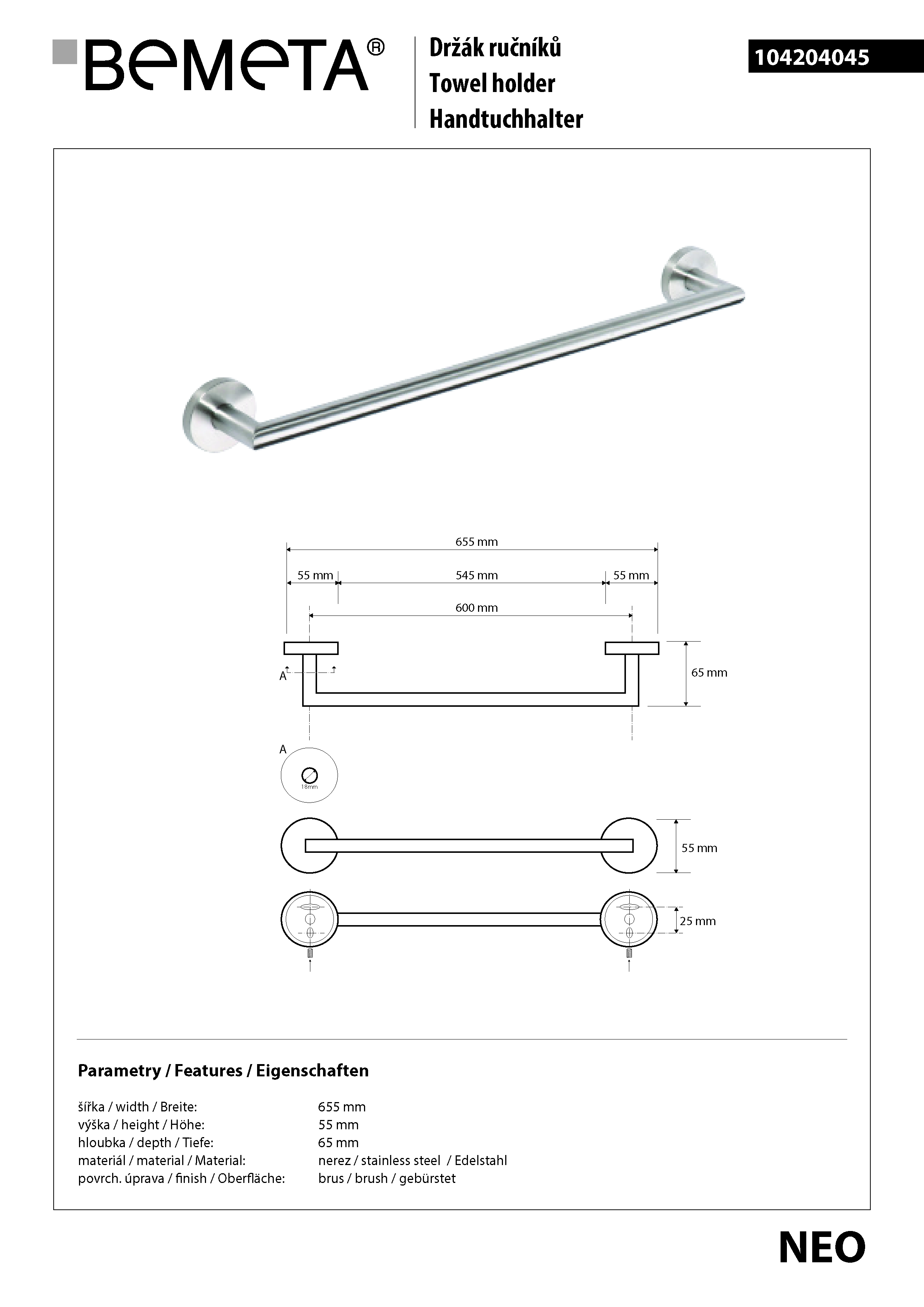Bemeta Design NEO: Držák ručníků 600 mm - 104204045 - Obrázek 2