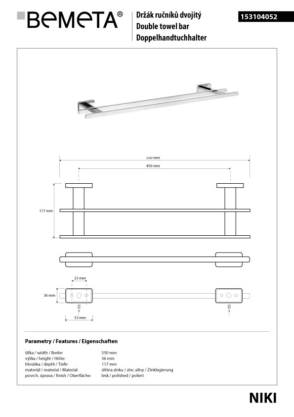 Bemeta Design NIKI: Držák ručníků dvojitý 450 mm - 153104052 - Obrázek 2