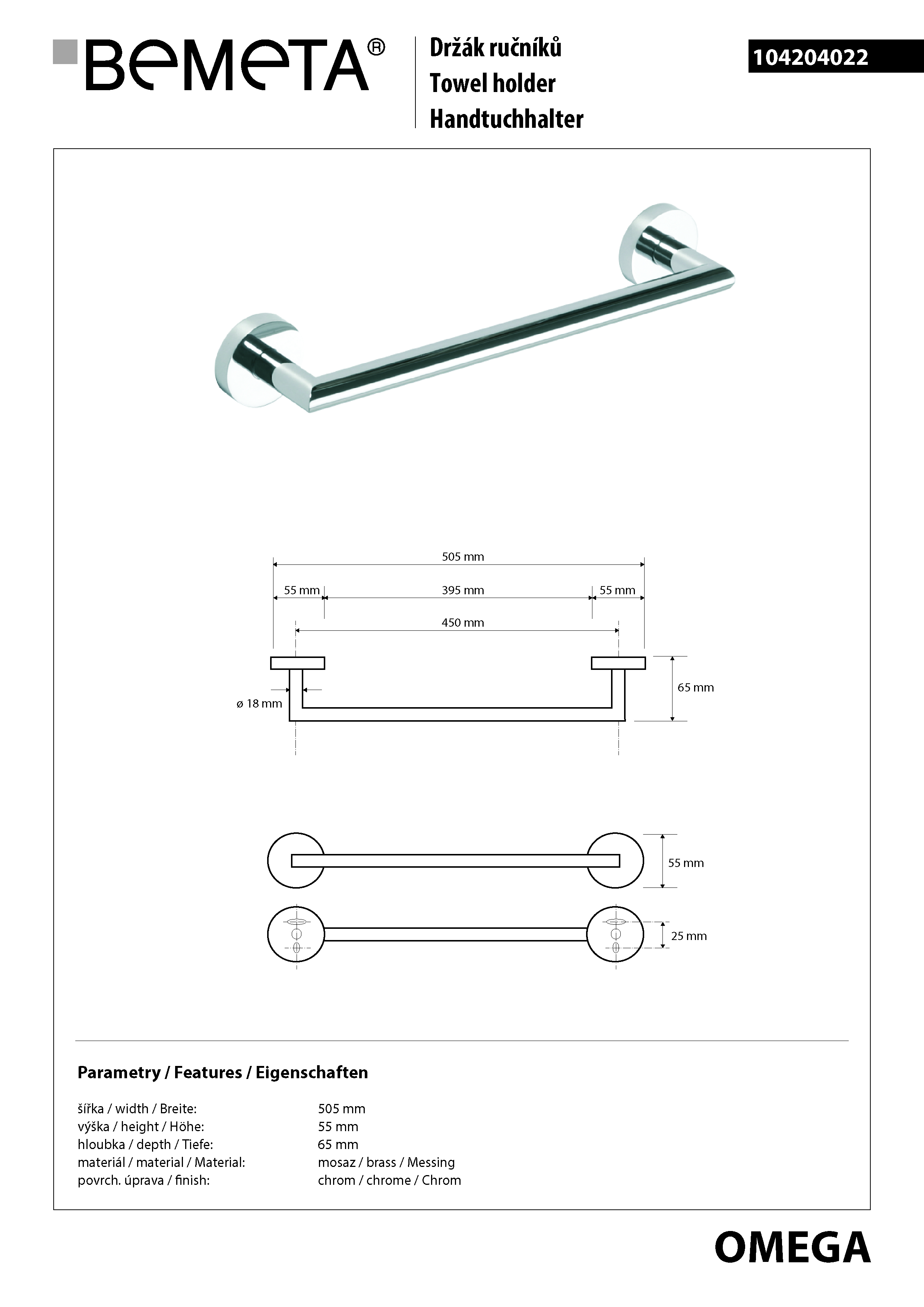 Bemeta Design OMEGA: Držák ručníků 450 mm - 104204022 - Obrázek 2