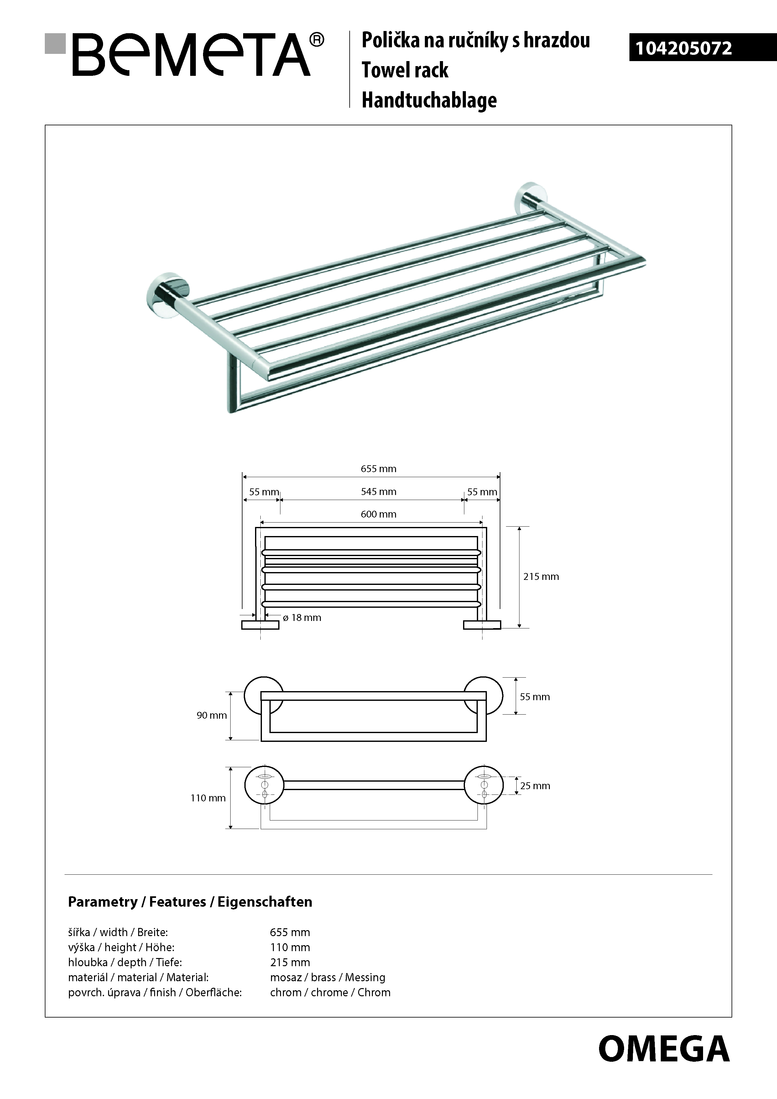 Bemeta Design OMEGA: Držák ručníků s hrazdou 600 mm - 104205072 - Obrázek 2