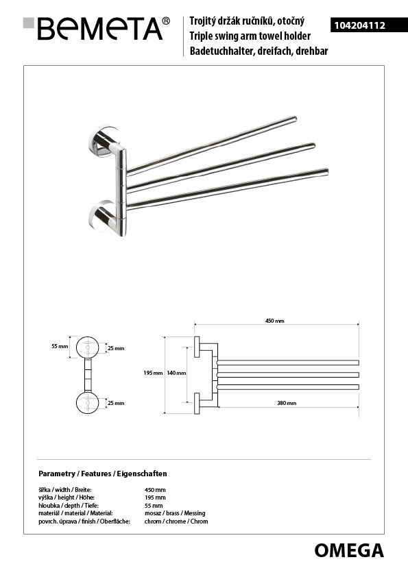 Bemeta Design OMEGA: Držák ručníků trojitý otočný 450 mm - 104204112 - Obrázek 2