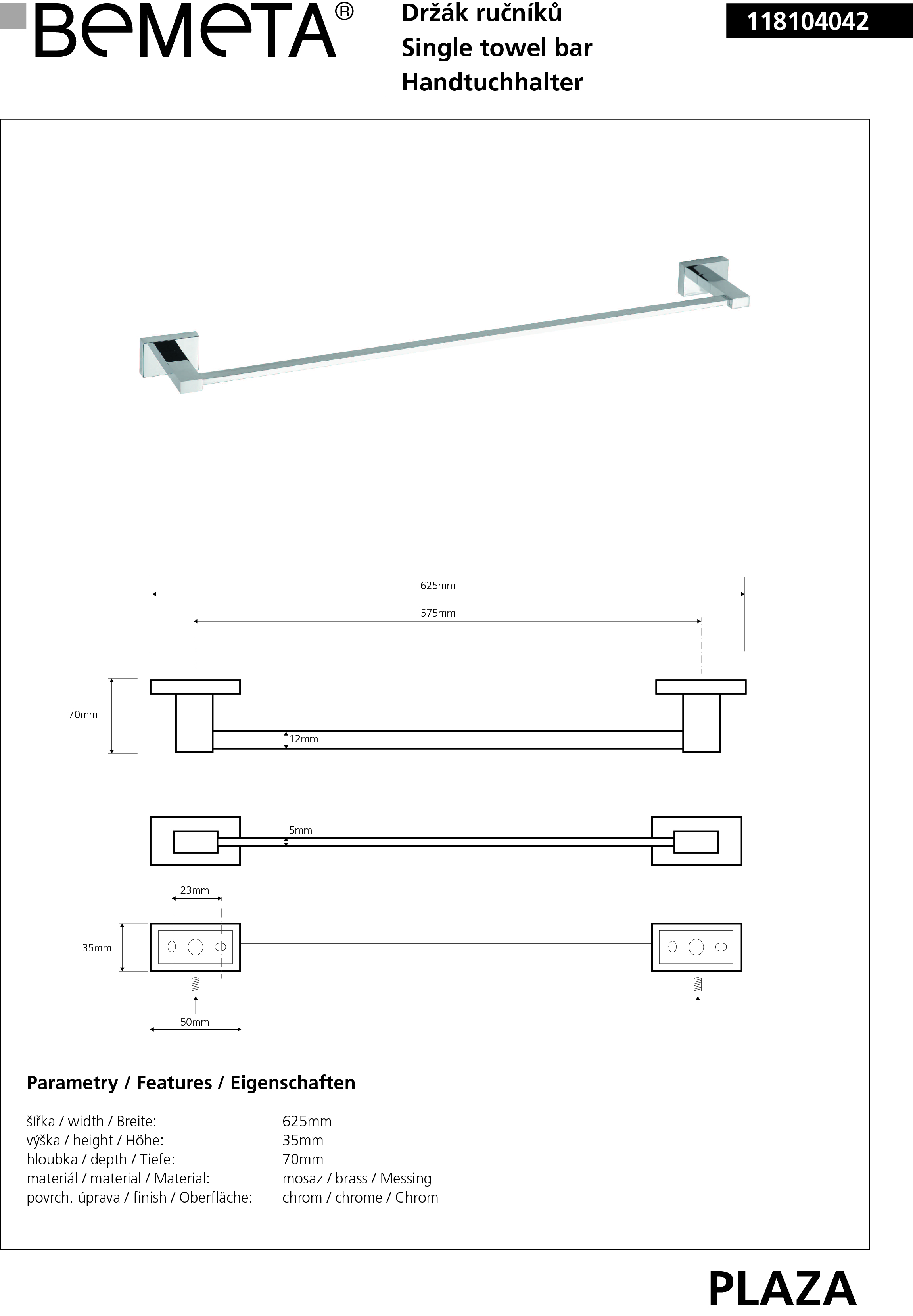 Bemeta Design PLAZA: Držák ručníků 575 mm - 118104042 - Obrázek 2