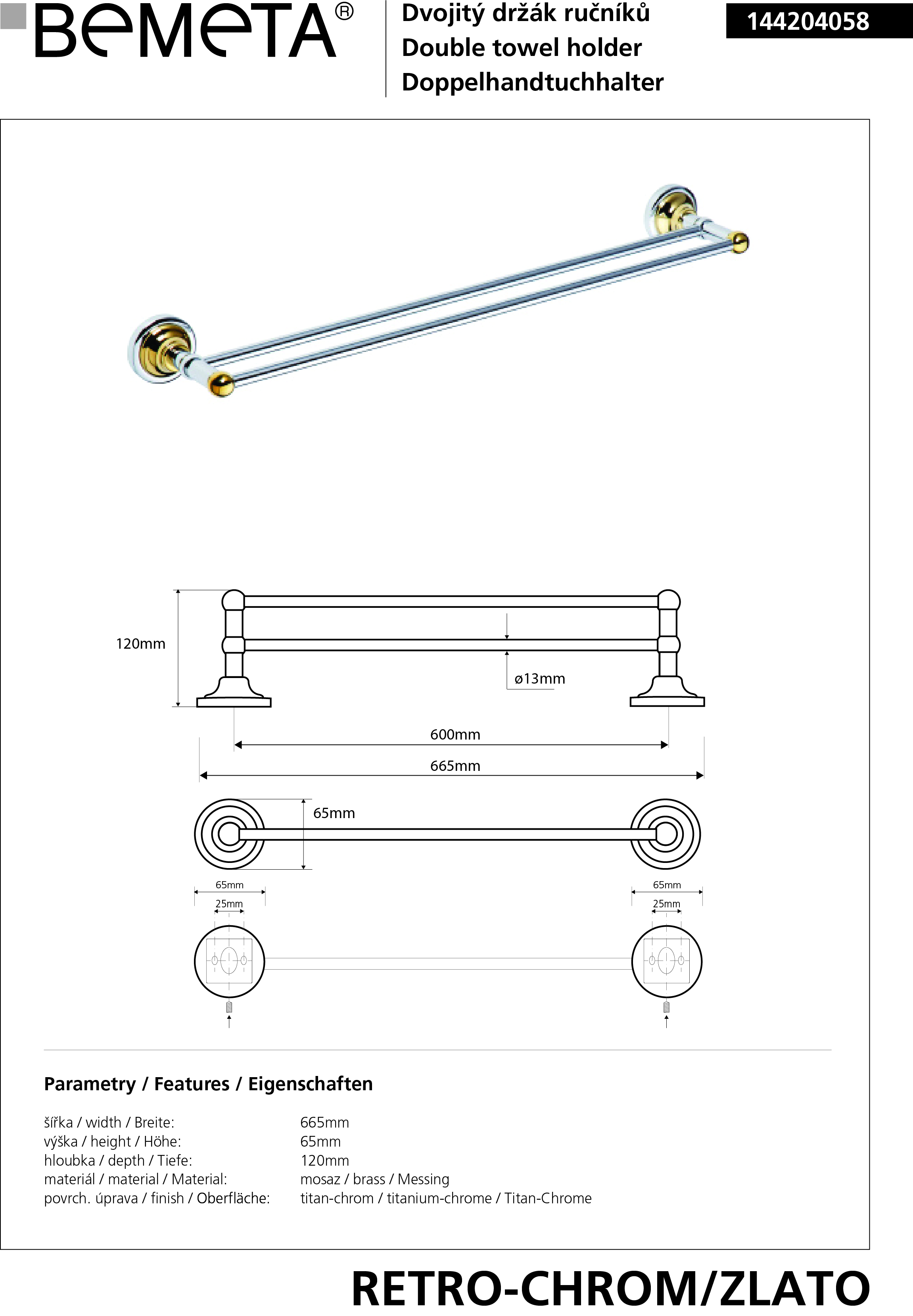 Bemeta Design RETRO gold-chrom: Držák ručníků dvojitý 600 mm - 144204058 - Obrázek 2
