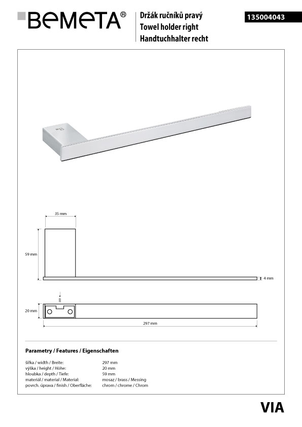 Bemeta Design VIA: Držák ručníků 280 mm - 135004043 - Obrázek 2