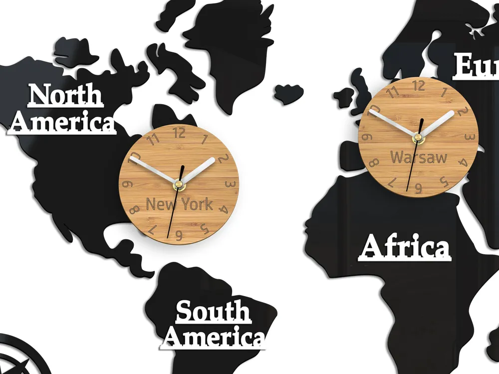 ModernClock Nástěnné samolepící hodiny Time Zones 100x56 cm černé/hnědé - Obrázek 2