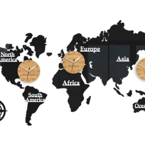 ModernClock Nástěnné samolepící hodiny Time Zones 100x56 cm černé/hnědé