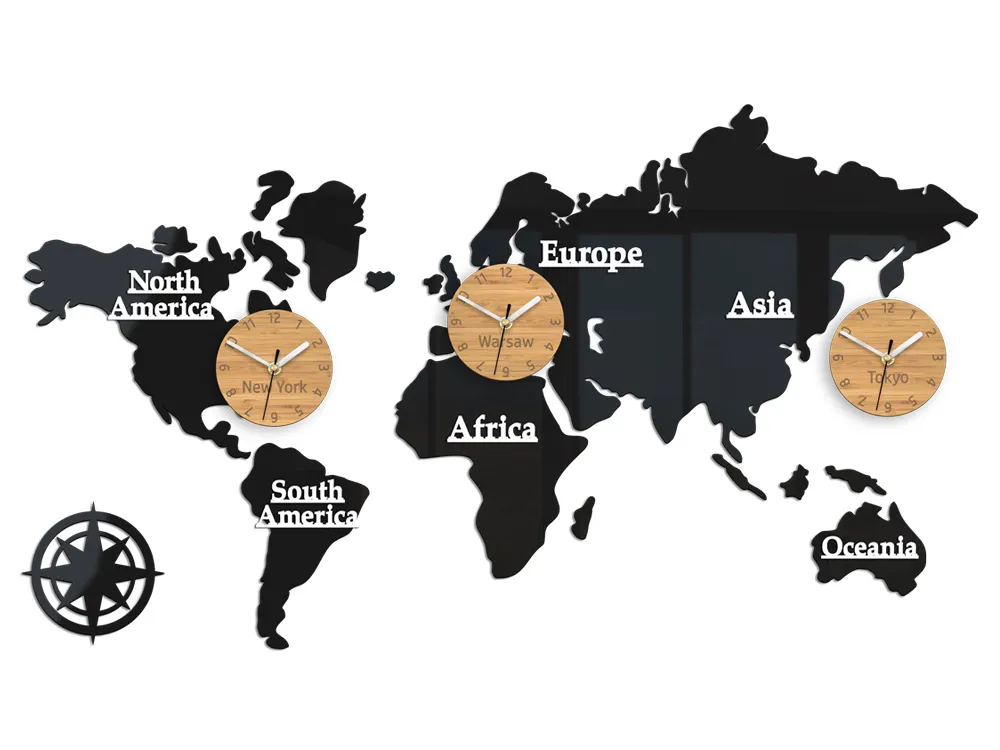 ModernClock Nástěnné samolepící hodiny Time Zones 100x56 cm černé/hnědé