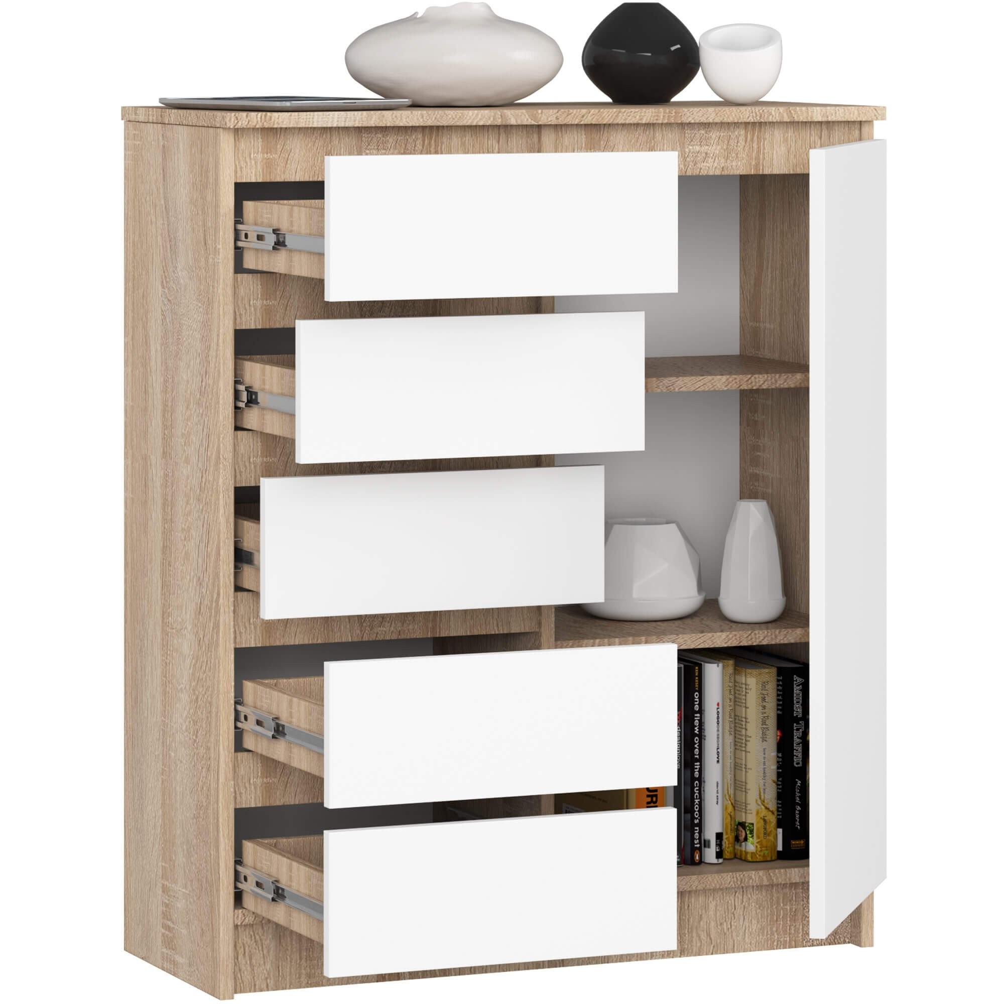 Ak furniture Komoda JERRY 80 cm 1 dveře 5 zásuvek dub sonoma/bílá - Obrázek 2