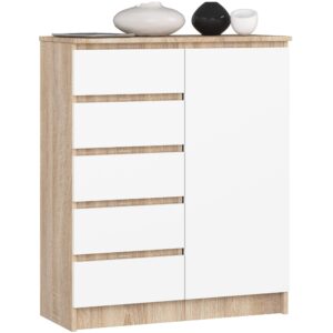 Ak furniture Komoda JERRY 80 cm 1 dveře 5 zásuvek dub sonoma/bílá