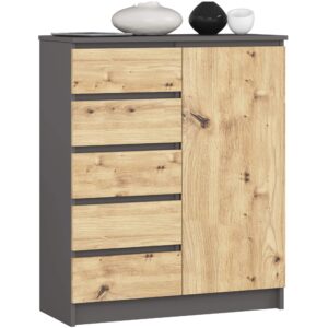 Ak furniture Komoda JERRY 80 cm 1 dveře 5 zásuvek grafitová/dub artisan