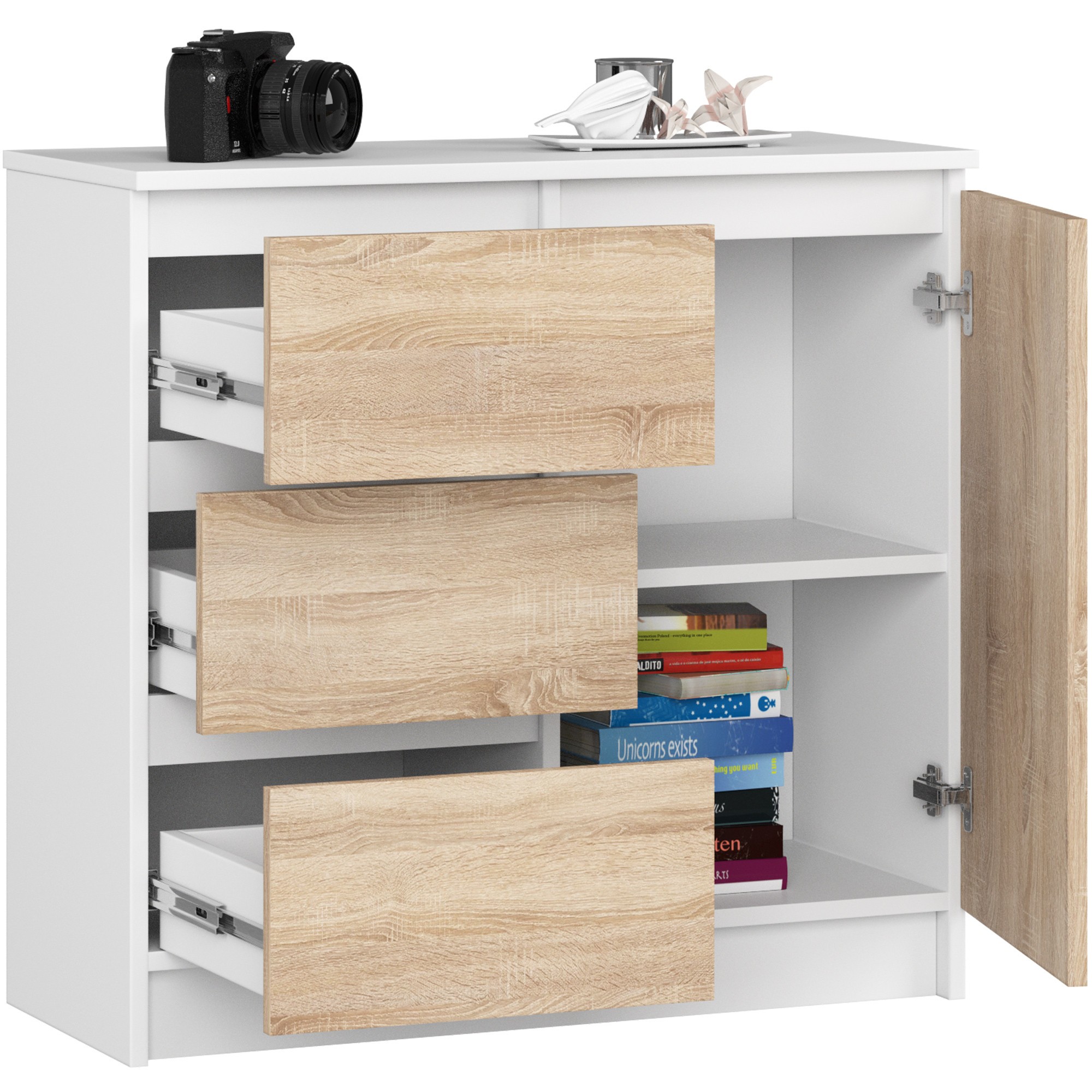 Ak furniture Komoda JERRY K 80 cm 1 dveře 3 zásuvky bílá/dub sonoma - Obrázek 2