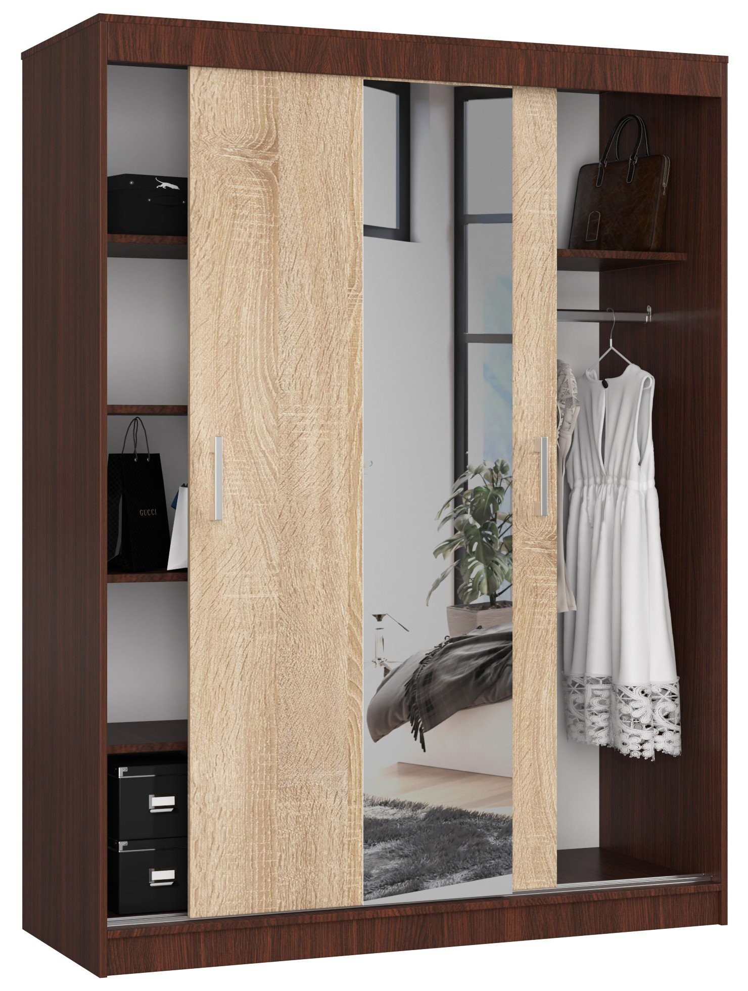 Ak furniture Šatní skříň se zrcadlem Reton 150 cm wenge/dub sonoma - Obrázek 2