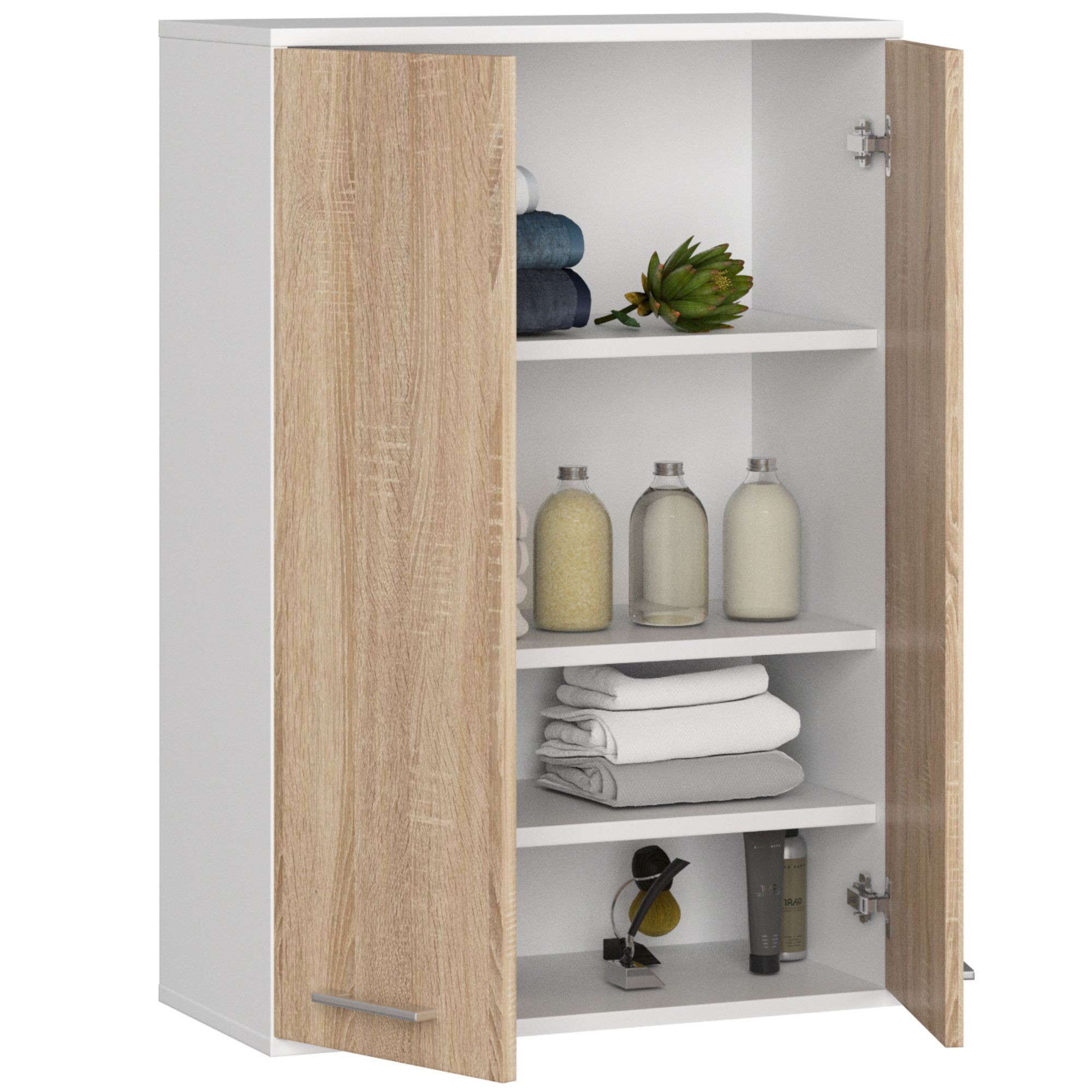 Ak furniture Závěsná koupelnová skříňka Fin W64 64 cm bílá/dub sonoma - Obrázek 2