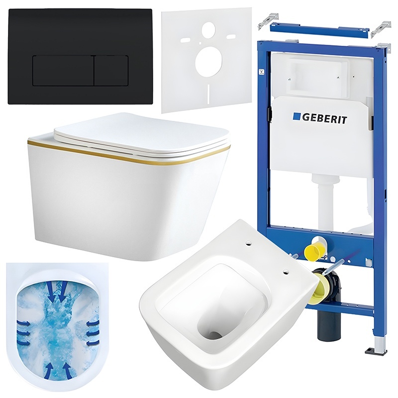 BPS-koupelny Podomítkový modul Geberit DuoFix s WC mísou RN-WH-GL-RIM-03 + ovládací tlačítko Delta 50 černá lesk