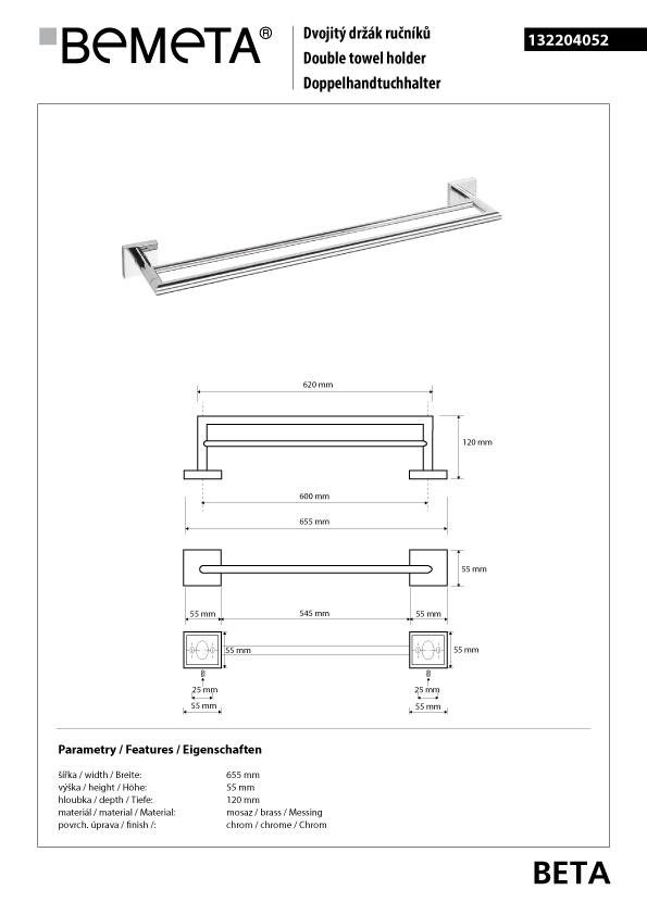 Bemeta Design BETA: Držák ručníků dvojitý 600 mm - 132204052 - Obrázek 2