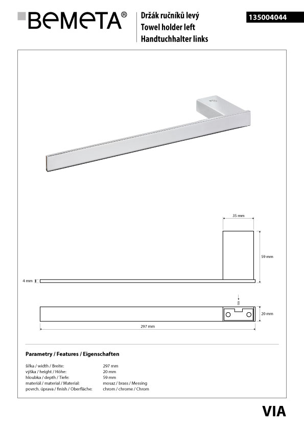 Bemeta Design VIA: Držák ručníků 280 mm - 135004044 - Obrázek 2