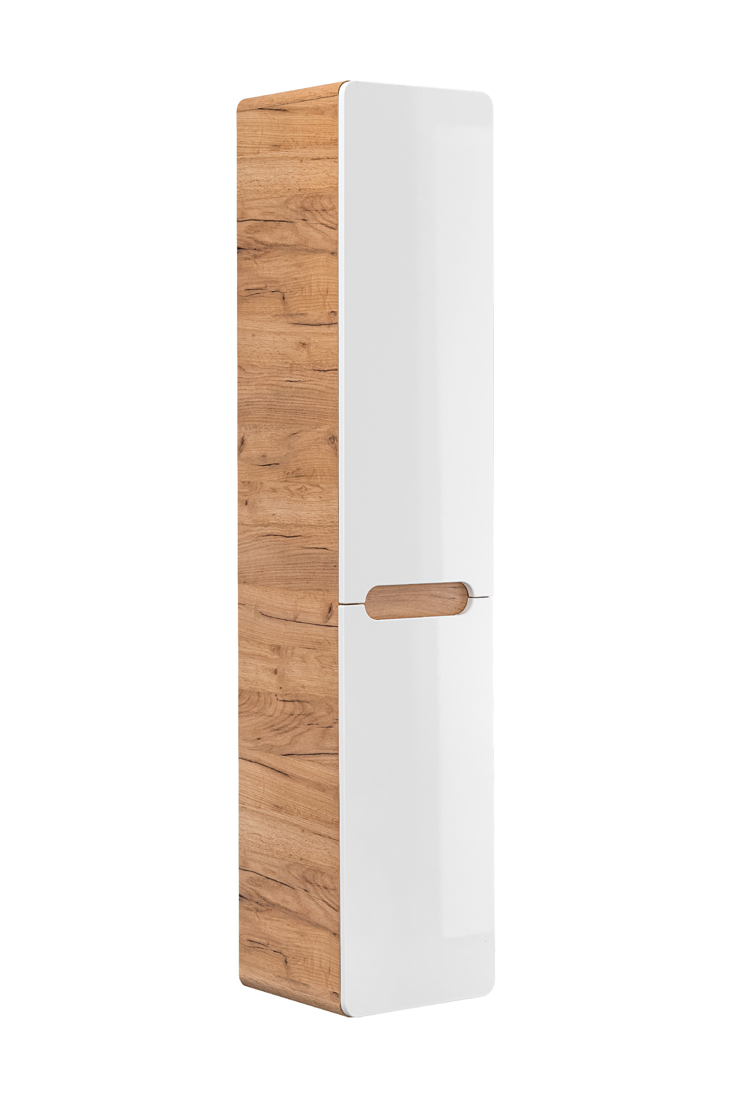 Comad Doplňková koupelnová skříňka vysoká Aruba White 35 s košem na prádlo dub craft/bílá lesk