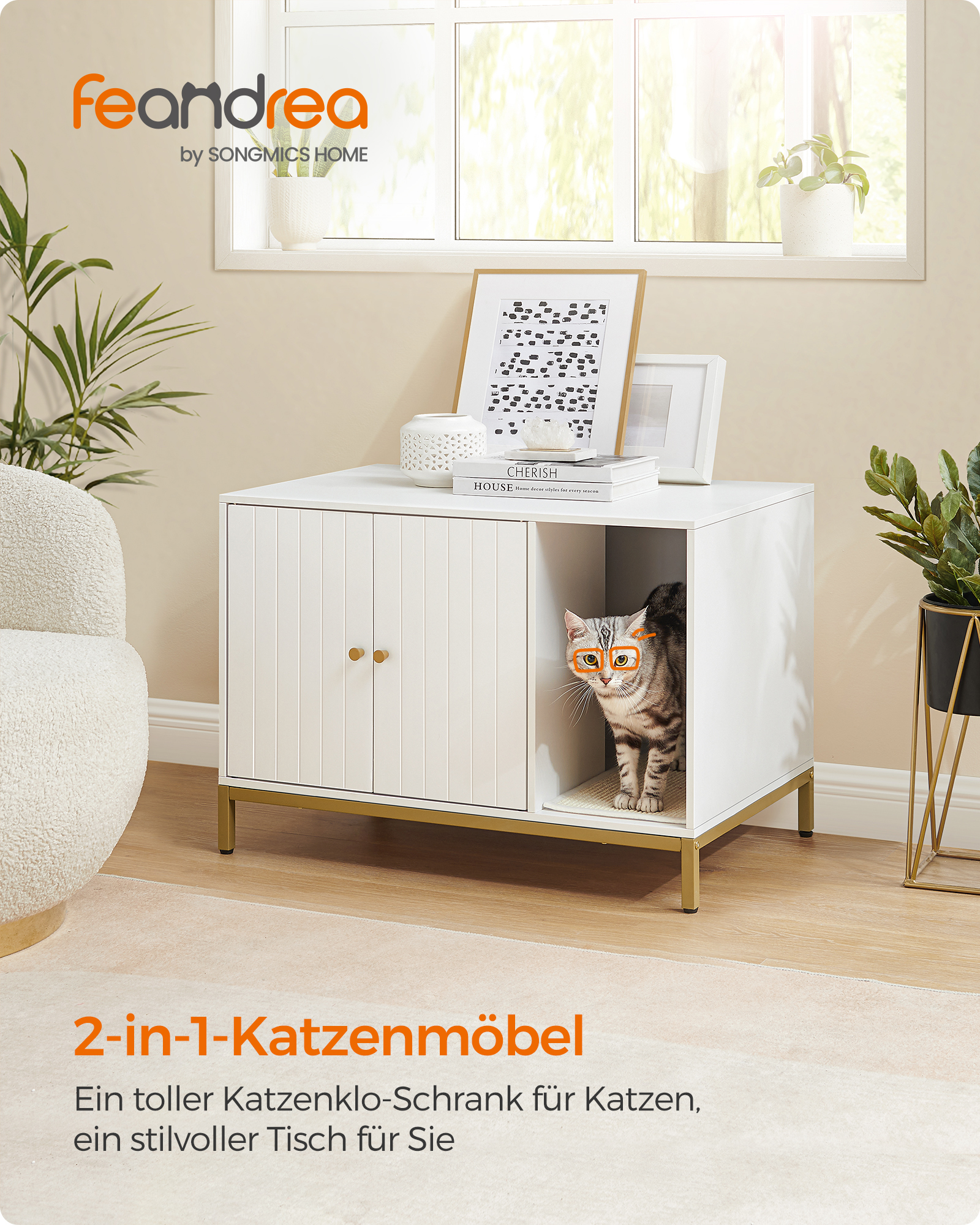 FEANDREA Skříňka na kočičí toaletu 80 x 55 x 50 cm zlatá-bílá - Obrázek 2