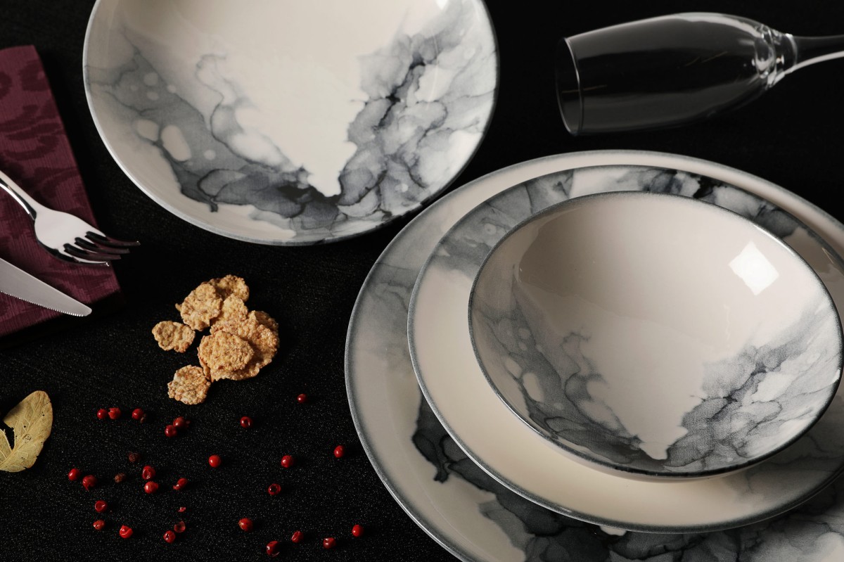 Hermia Porcelánová jídelní sada 24 ks talířů Shadow bílá/černá - Obrázek 2