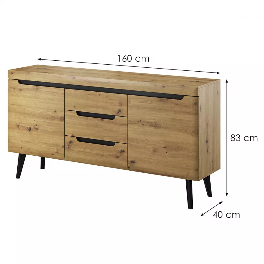 Piaski Komoda Nordi 160 cm s šuplíky černá/dub artisan - Obrázek 2