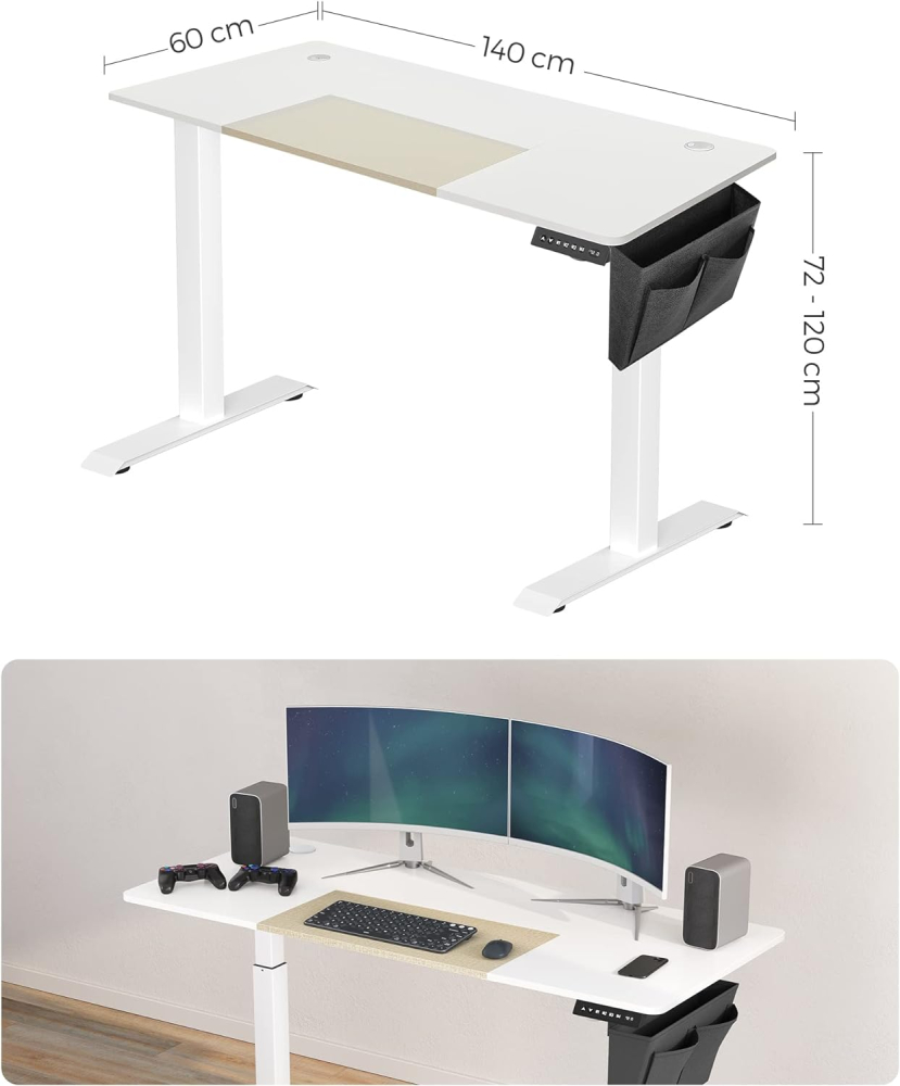 SONGMICS Psací stůl Paradis 140 cm výškově nastavitelný bílý - Obrázek 2
