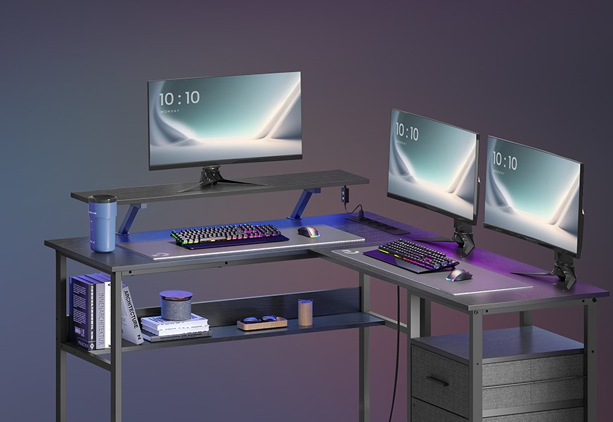 SONGMICS Rohový psací stůl se zásuvkami a LED Vasagle Bora černý - Obrázek 2