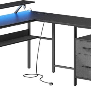 SONGMICS Rohový psací stůl se zásuvkami a LED Vasagle Bora černý