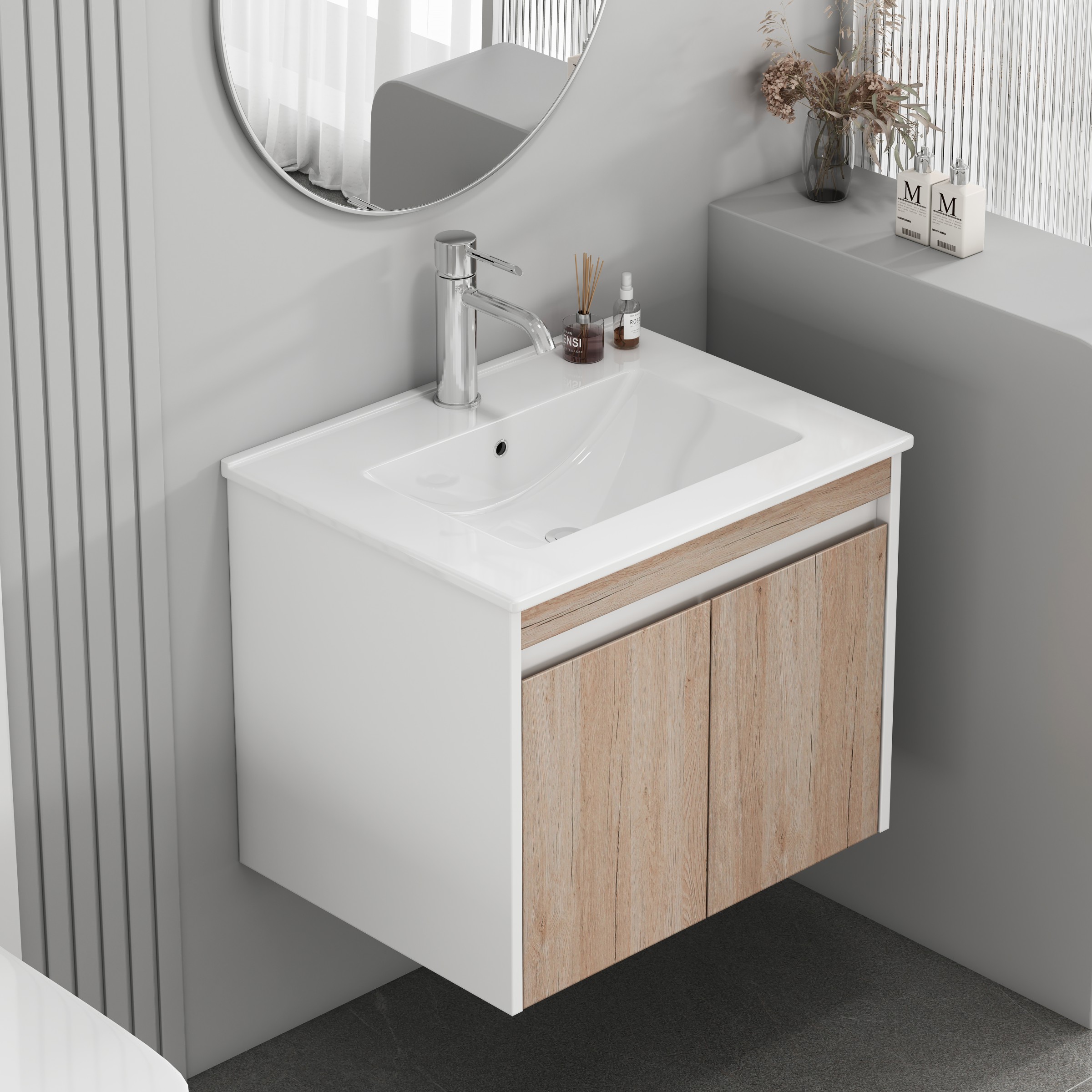 Závěsná skříňka pod umyvadlo Houseland Morvia 60 cm dub/bílá - Obrázek 2