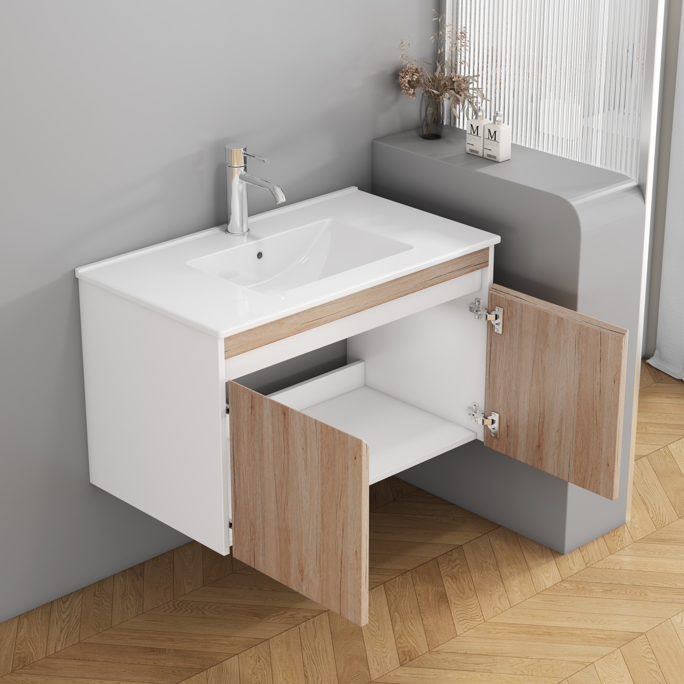Závěsná skříňka pod umyvadlo Houseland Morvia 80 cm dub/bílá - Obrázek 2