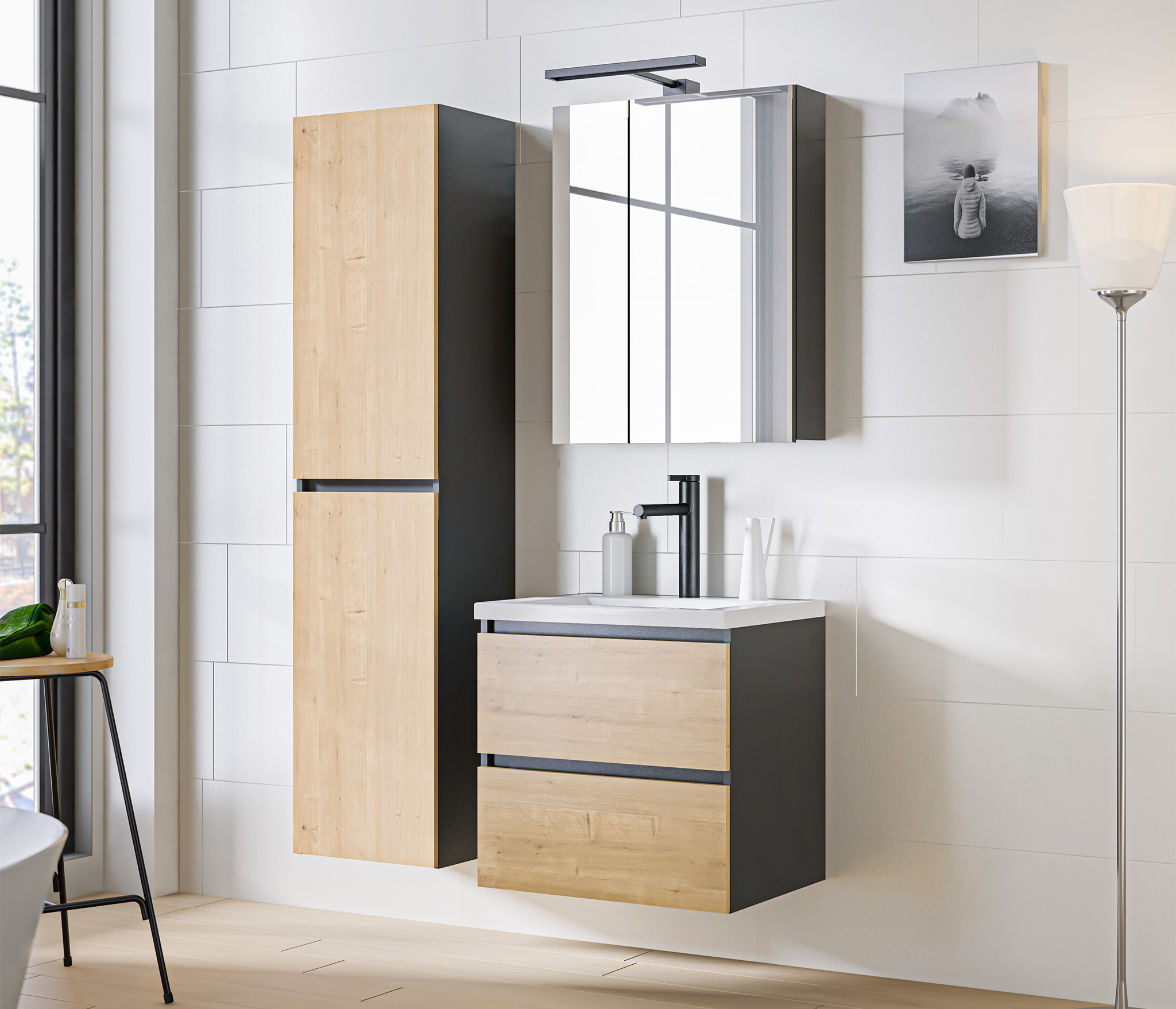 Comad Koupelnová skříňka pod umyvadlo Monako Grey Oak 80 šedá/dub hamilton - Obrázek 2