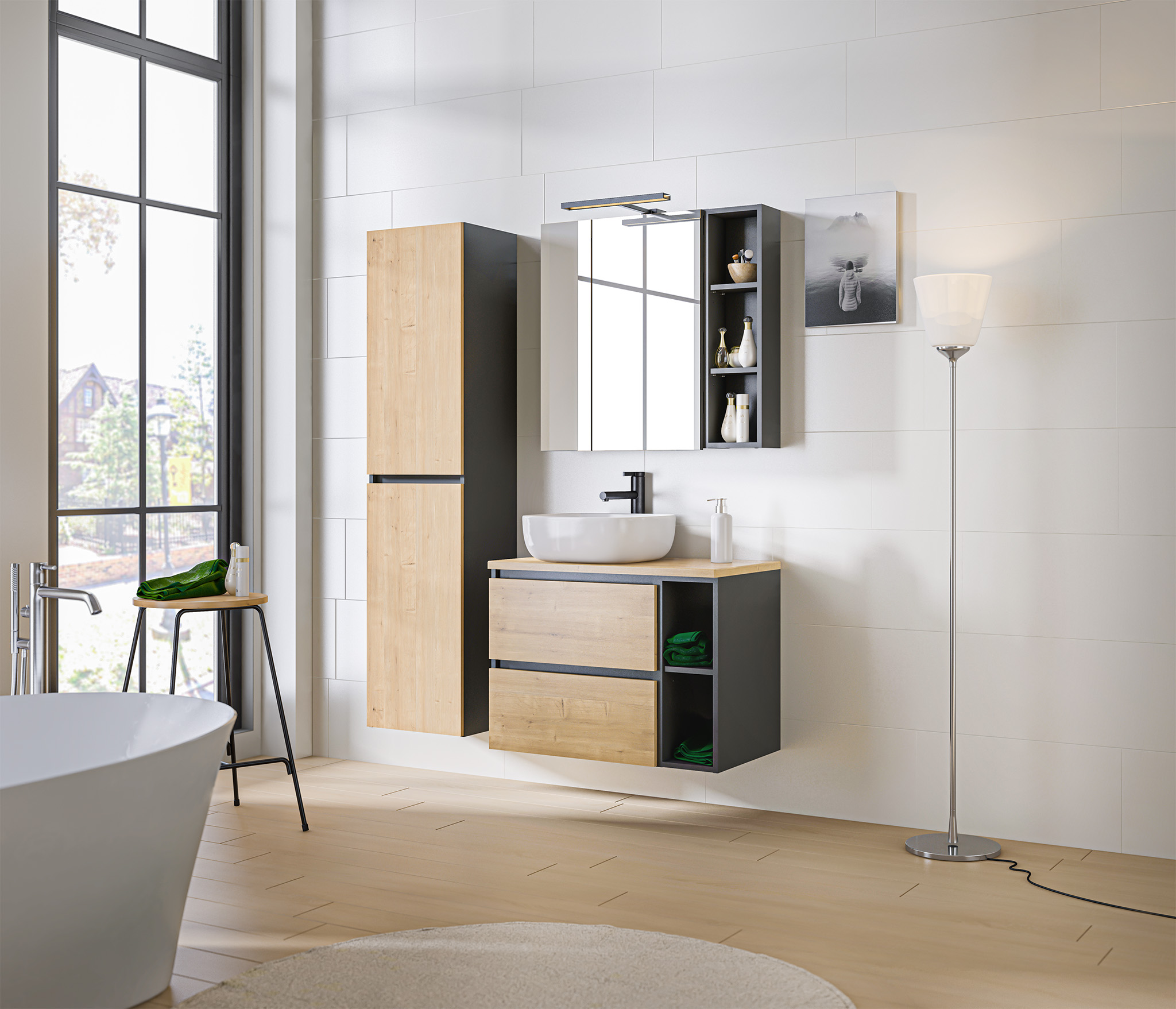 Comad Spodní rozšiřovací díl pro umyvadlové skříňky s deskou Monako Grey Oak 20 šedá - Obrázek 2