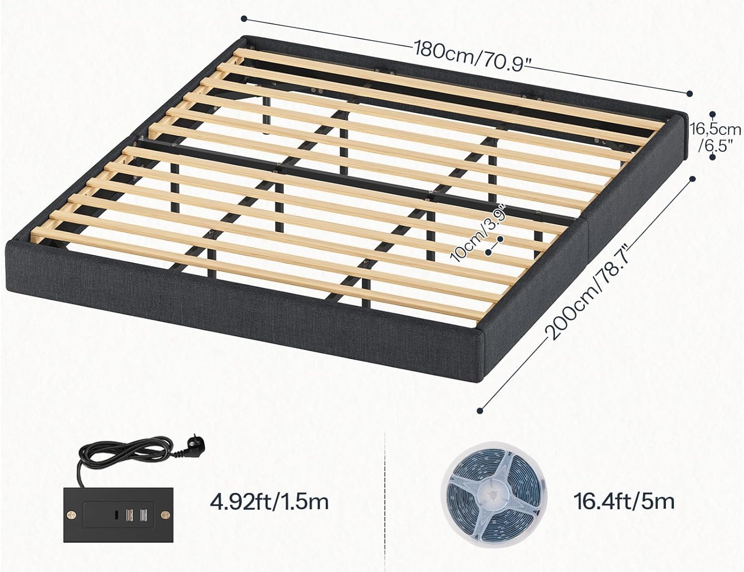 VASAGLE Dvoulůžková postel Timaro 180x200 s nabíjecí stanicí a LED osvětlením šedá - Obrázek 2