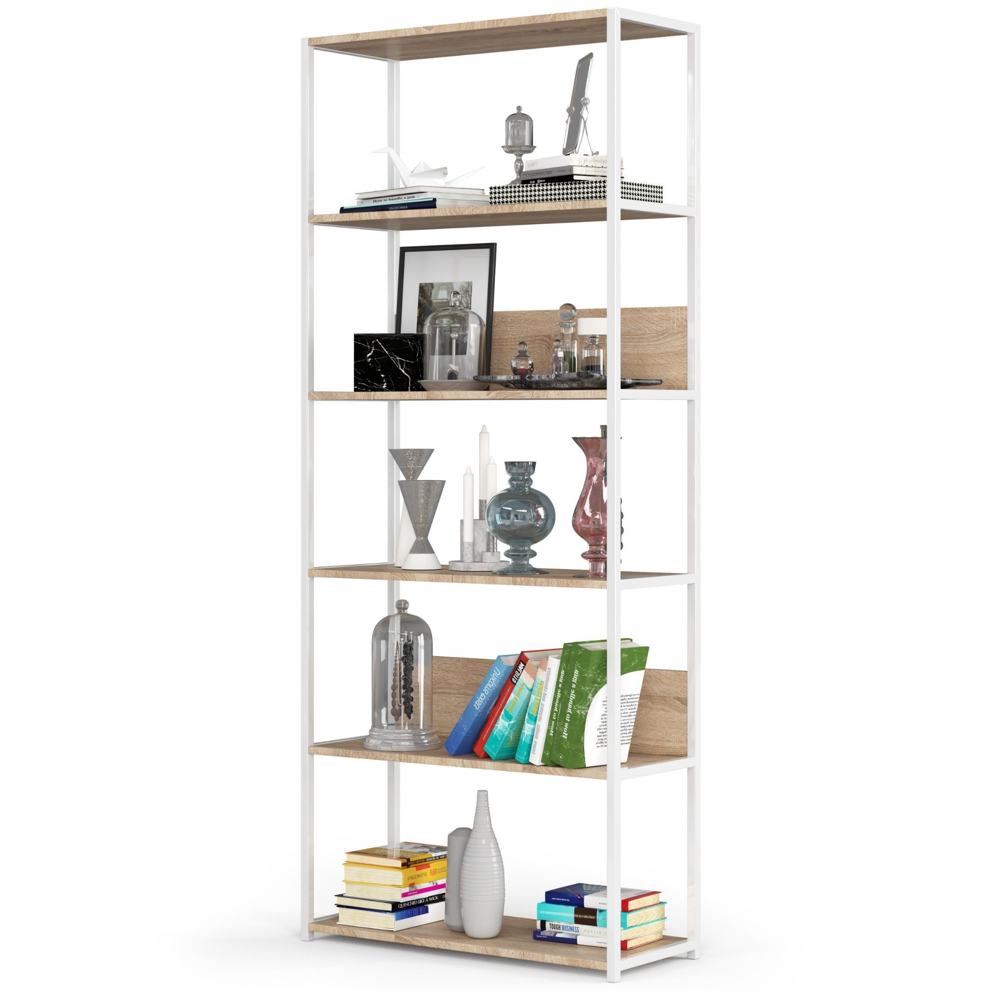 Ak furniture Knihovna Loft s kovovým rámem 80 cm bílá/dub sonoma - Obrázek 2