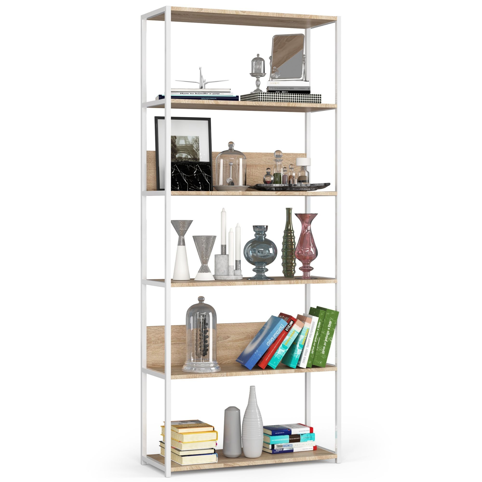 Ak furniture Knihovna Loft s kovovým rámem 80 cm bílá/dub sonoma