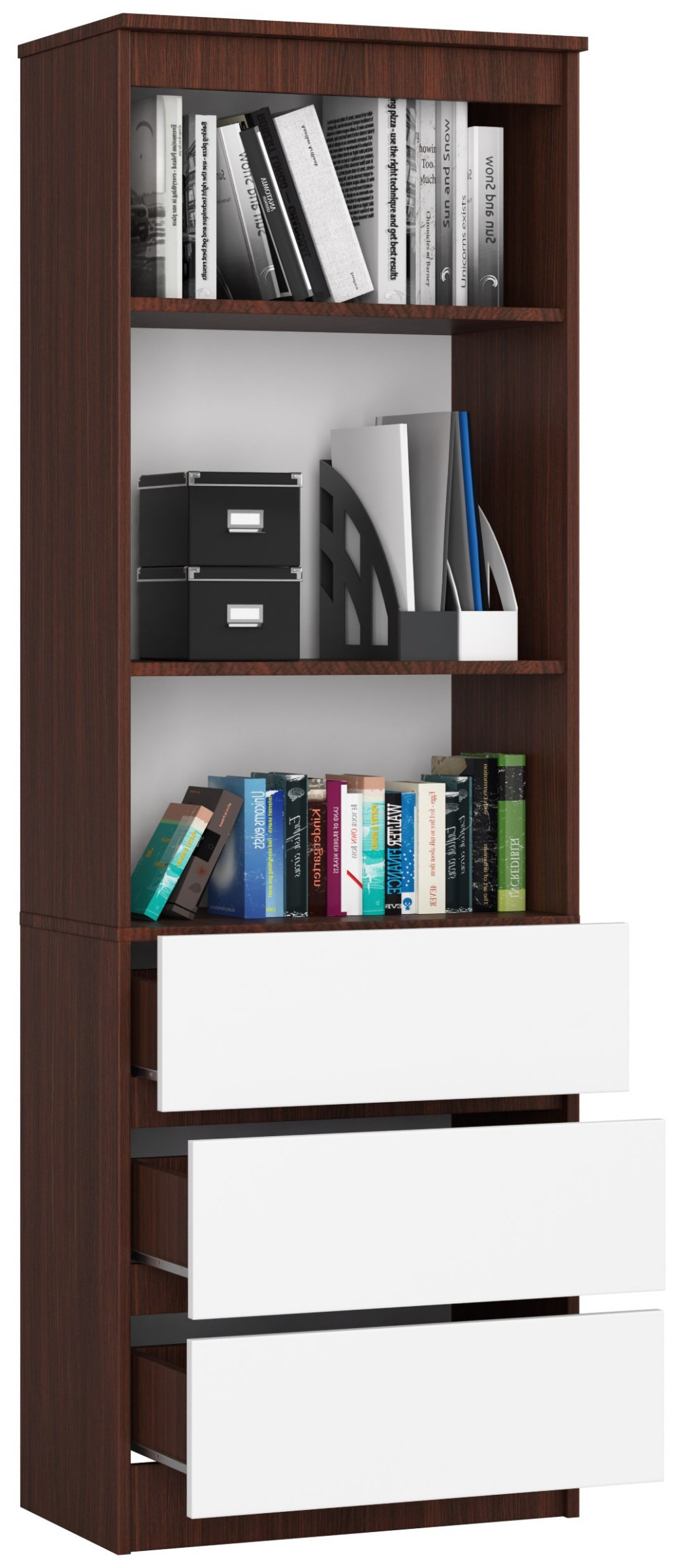 Ak furniture Knihovna Ronald 60 cm 3 šuplíky a 3 police wenge/bílá - Obrázek 2