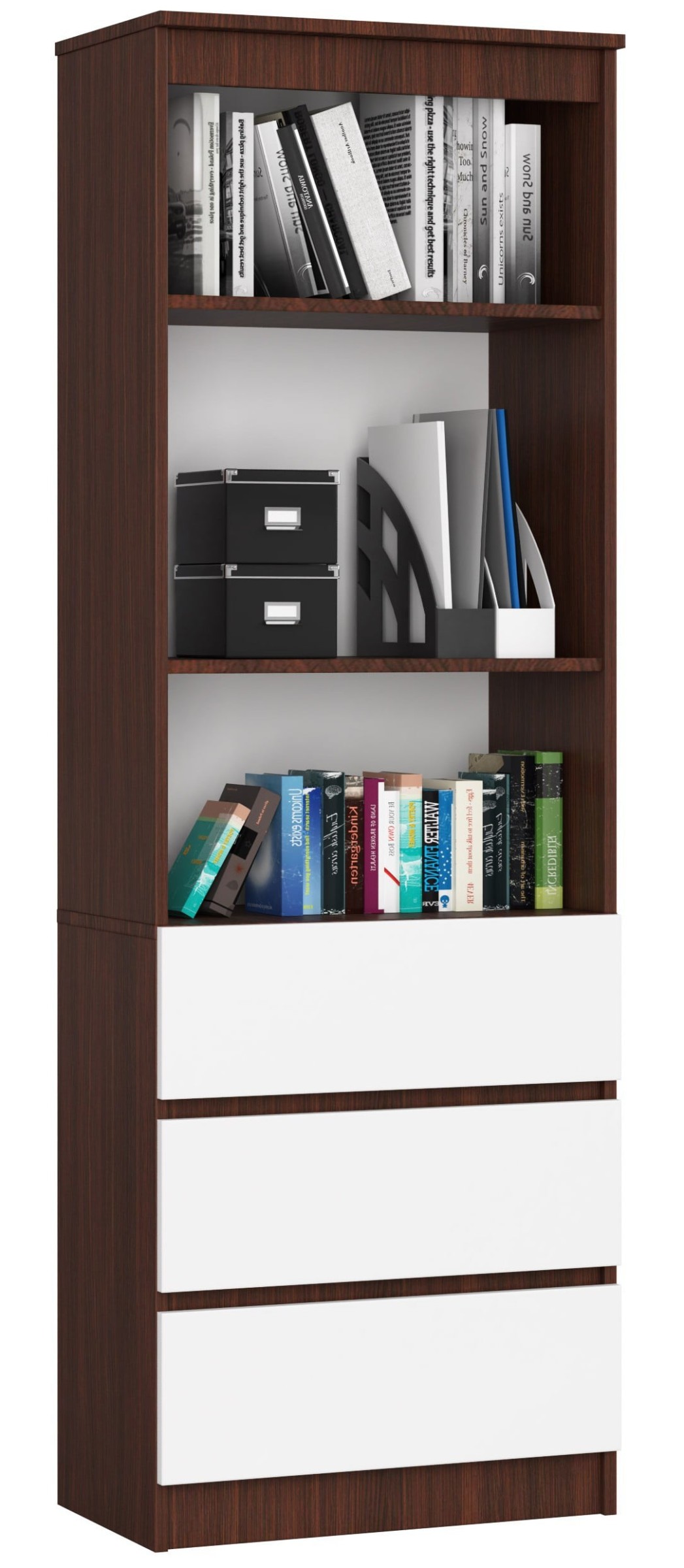 Ak furniture Knihovna Ronald 60 cm 3 šuplíky a 3 police wenge/bílá