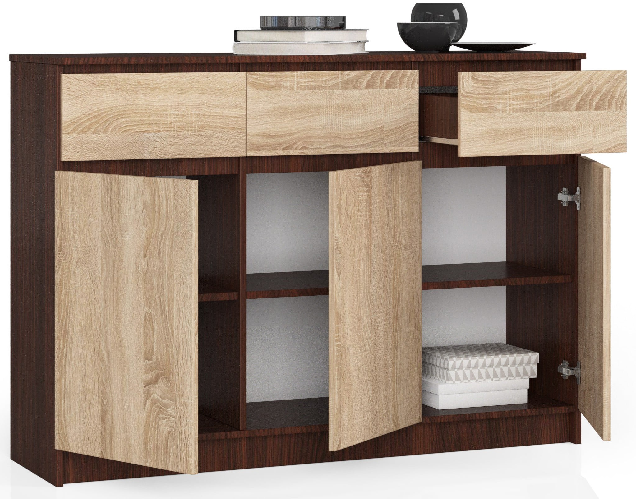 Ak furniture Komoda Karolína 140 cm 3 skříňky a 3 šuplíky wenge/sonoma - Obrázek 2