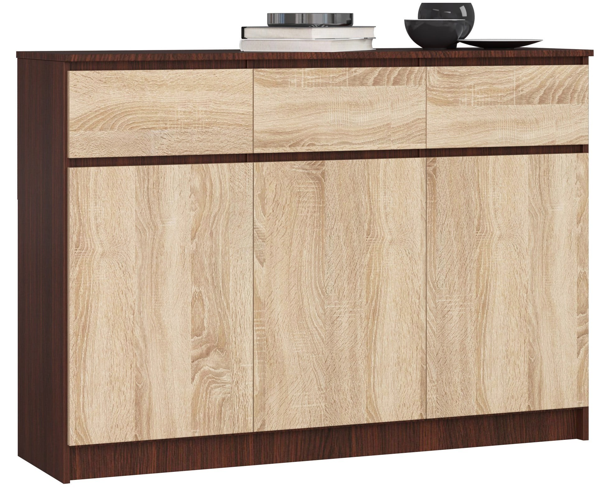 Ak furniture Komoda Karolína 140 cm 3 skříňky a 3 šuplíky wenge/sonoma