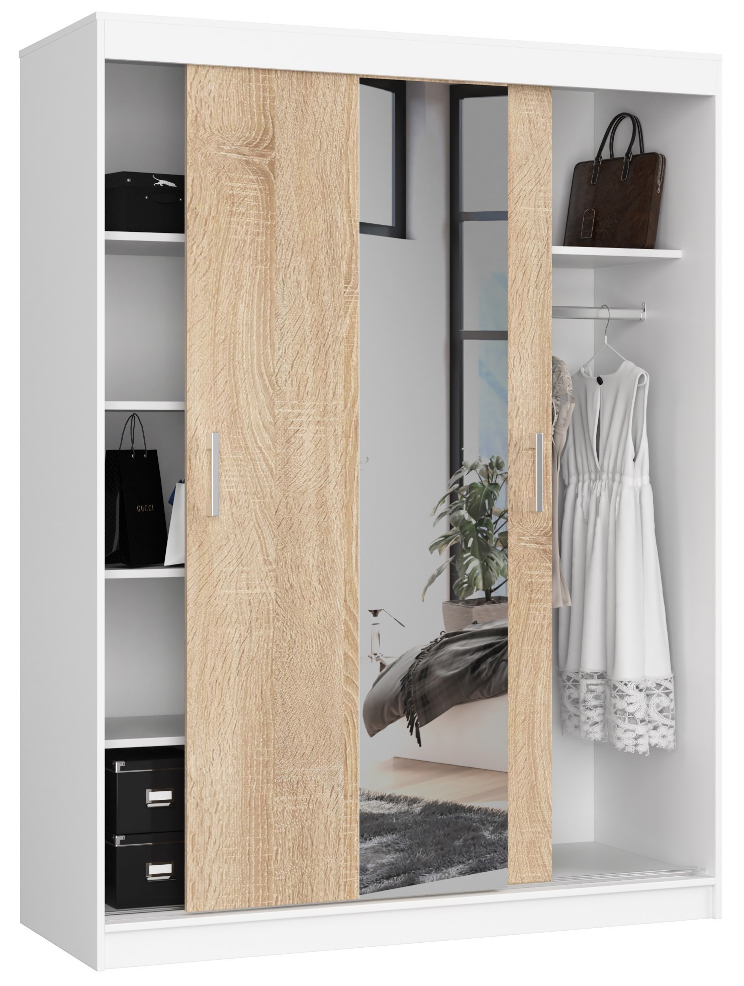 Ak furniture Šatní skříň se zrcadlem Reton 150 cm bílá/dub sonoma - Obrázek 2