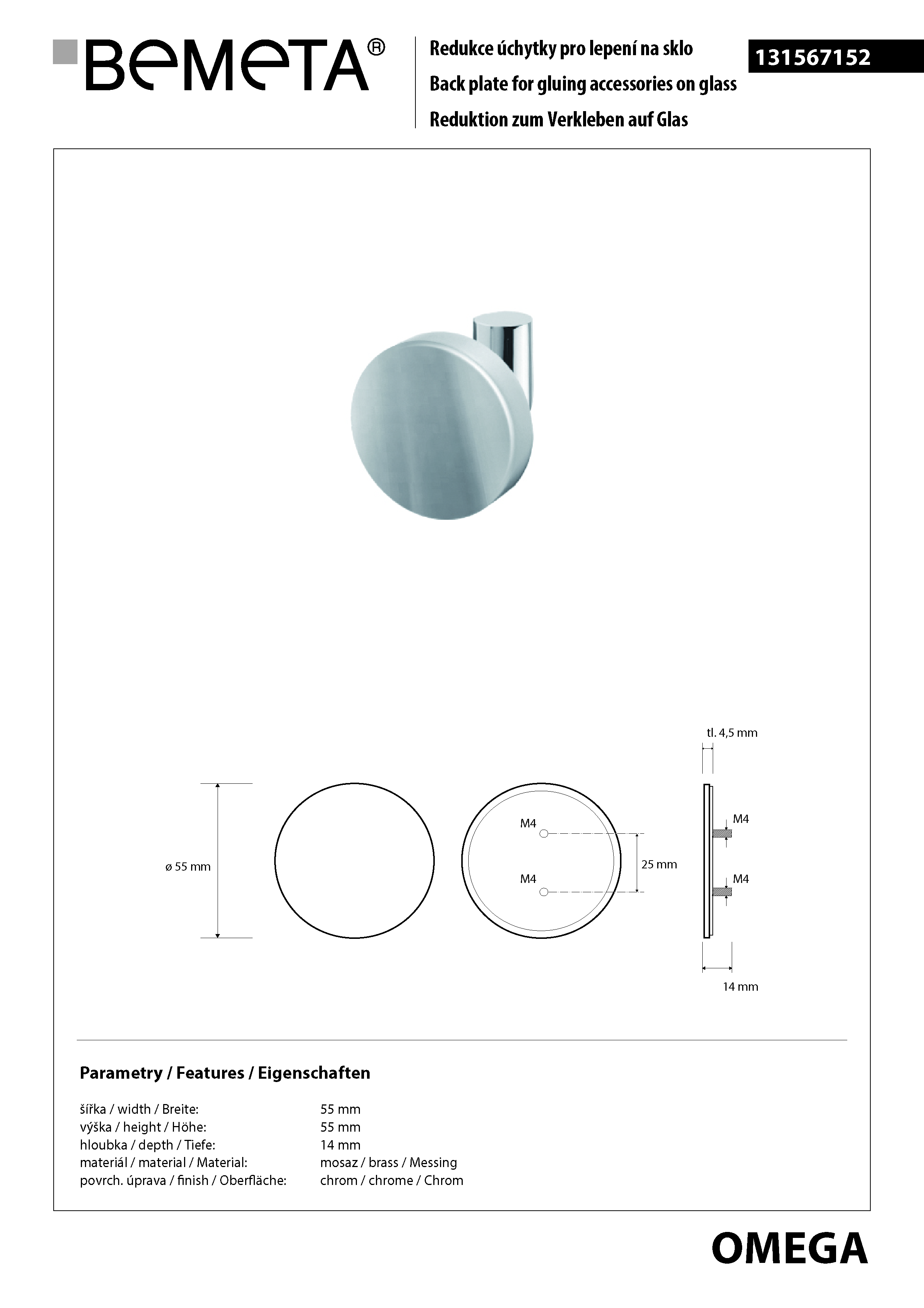 Bemeta Design Redukce úchytky pro lepení na sklo OMEGA - 131567152 - Obrázek 2