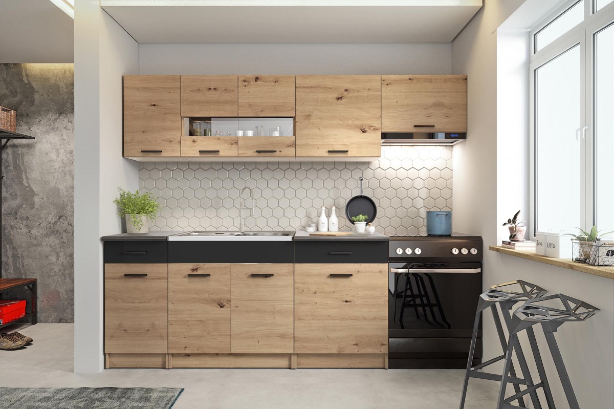 HALMAR Kuchyňská linka Alena 240 cm dub artisan/černý mat