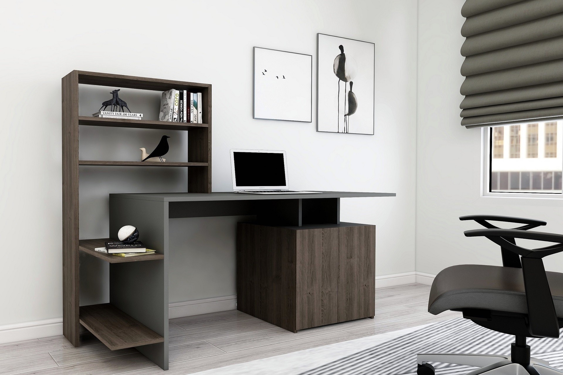 Kalune Design Psací stůl Melis s vestavěným regálem a skříňkou antracitový/ořech