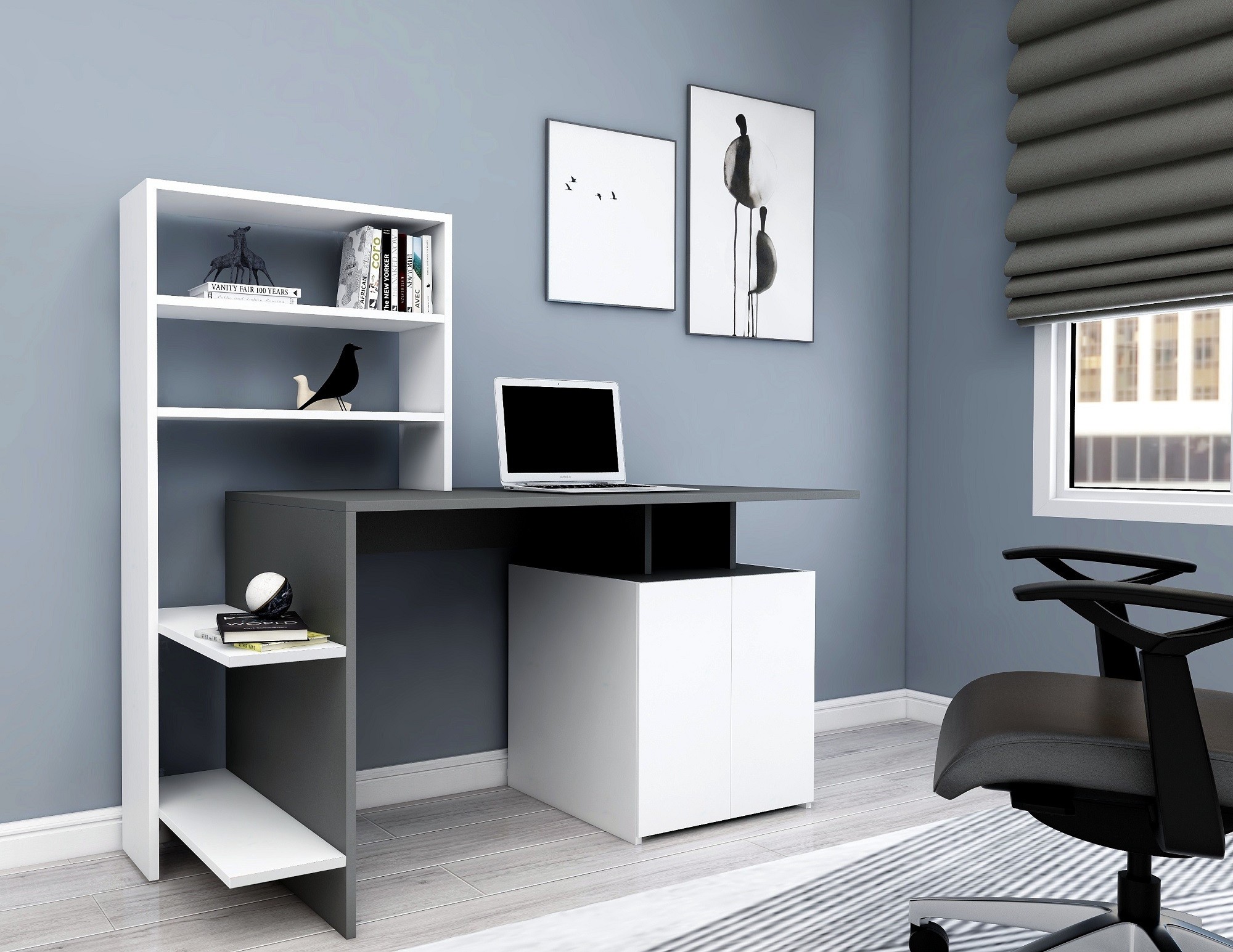 Kalune Design Psací stůl Melis s vestavěným regálem a skříňkou bílý/antracit