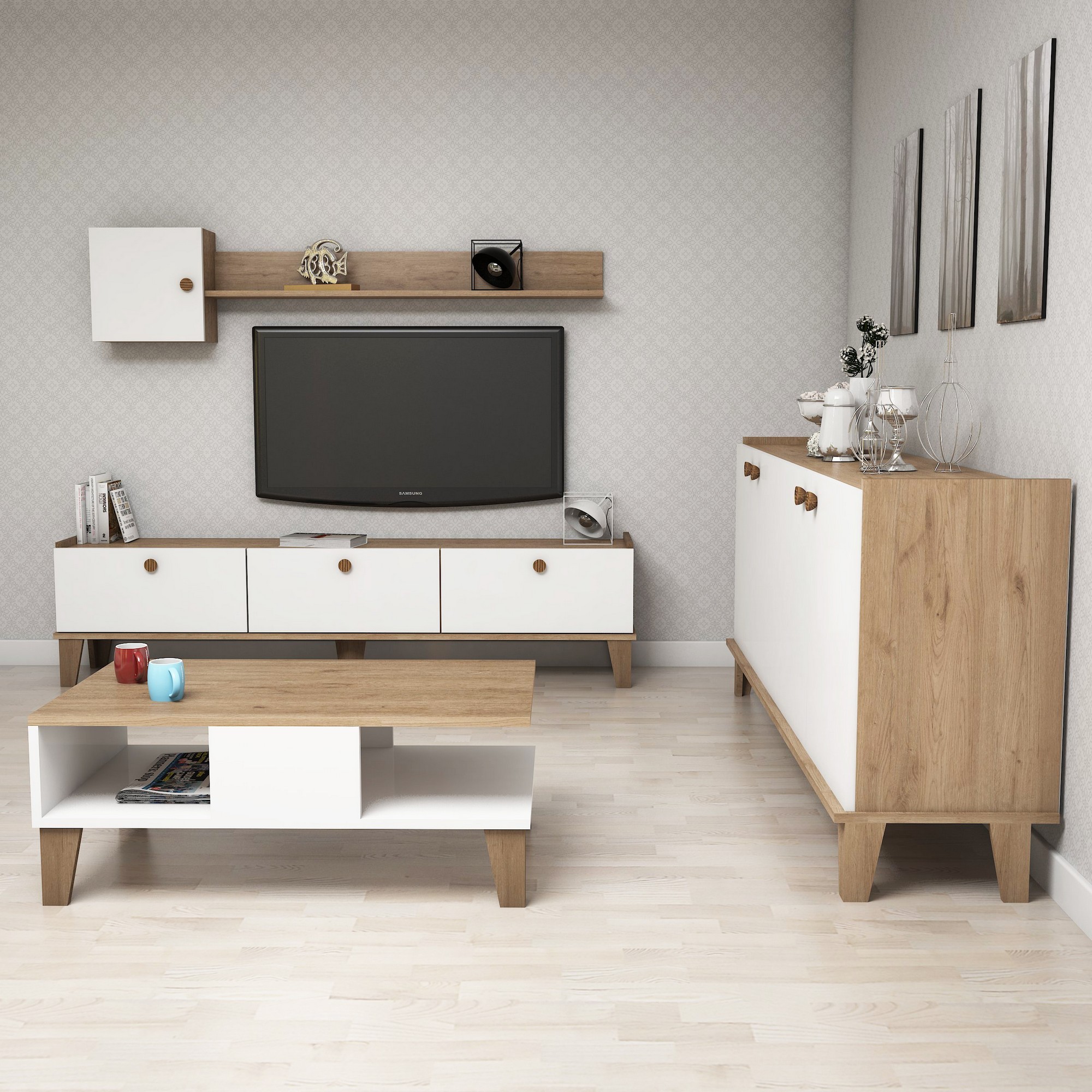 Kalune Design Sada nábytku do obývacího pokoje Sumer dub přírodní/bílá - Obrázek 2