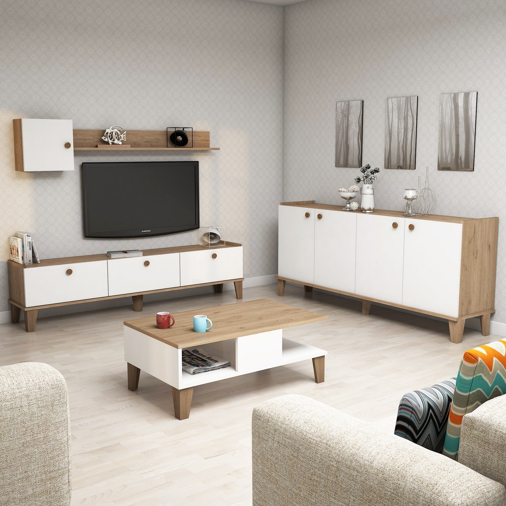 Kalune Design Sada nábytku do obývacího pokoje Sumer dub přírodní/bílá