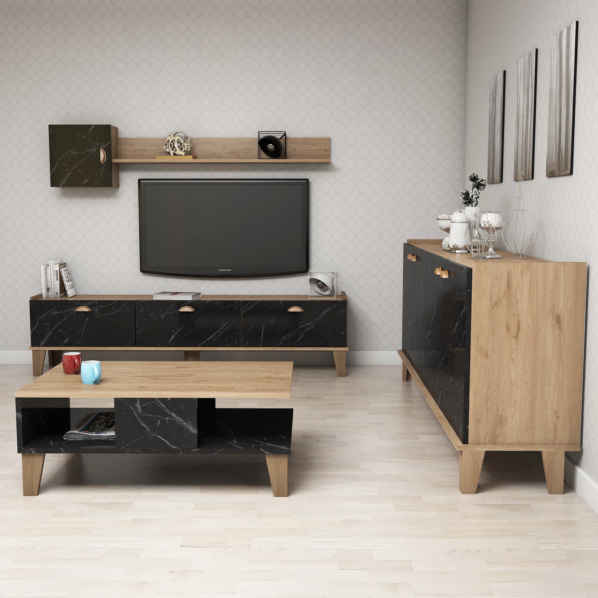 Kalune Design Sada nábytku do obývacího pokoje Sumer dub přírodní/černý mramor - Obrázek 2