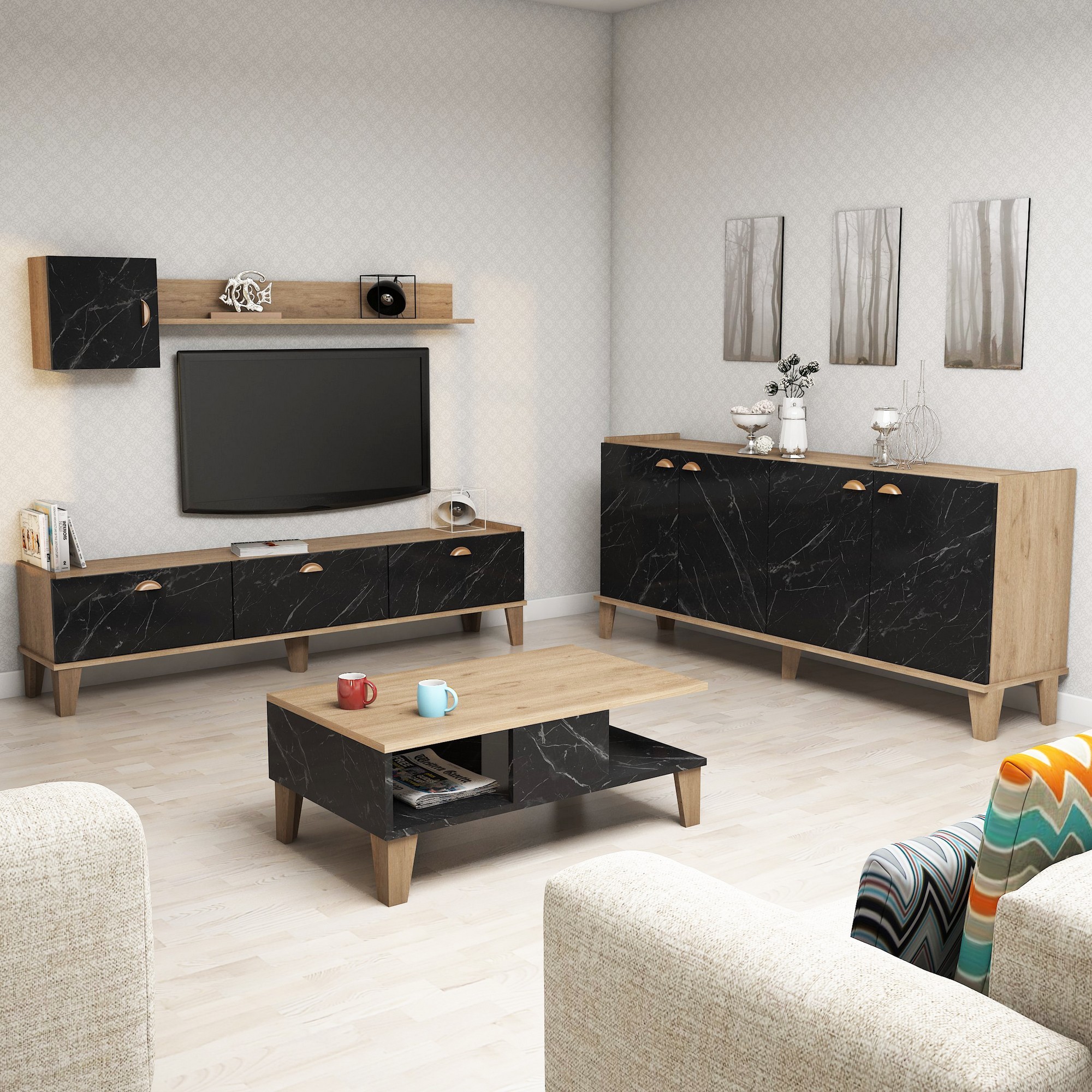 Kalune Design Sada nábytku do obývacího pokoje Sumer dub přírodní/černý mramor