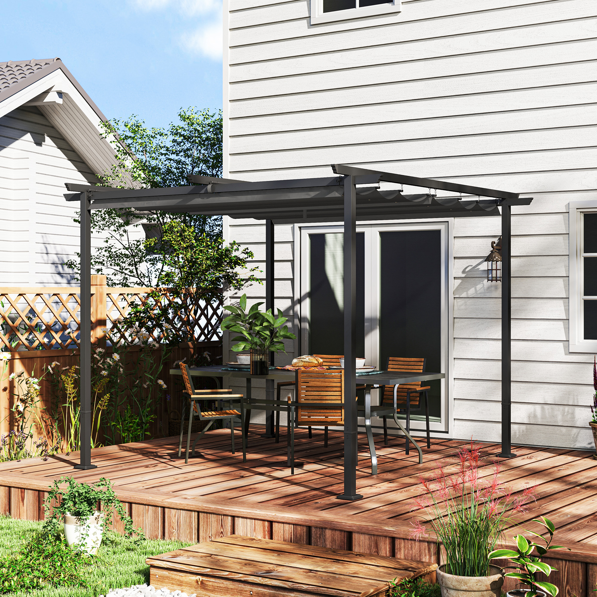 OUTSUNNY Volně stojící kovová pergola se stahovací plátěnou střechou 300 x 300 cm tmavě šedá - Obrázek 2
