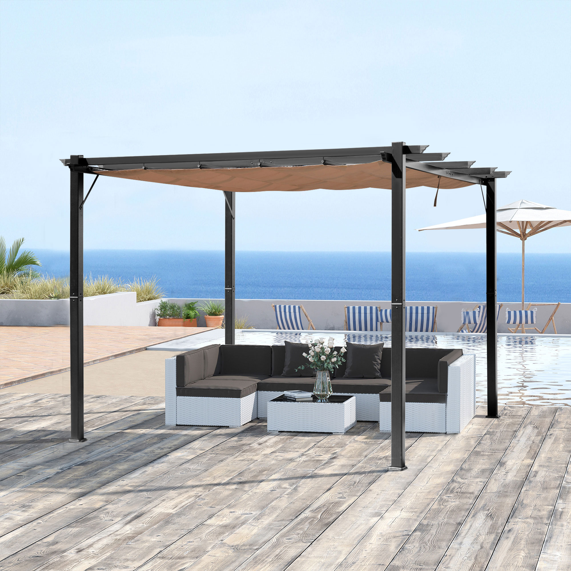 OUTSUNNY Volně stojící kovová pergola se stahovací plátěnou střechou 400 x 300 cm hnědá - Obrázek 2